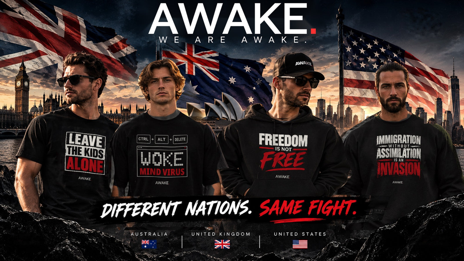 Four men wearing AWAKE statement tees and hoodies in front of Australian, UK and US landmarks
